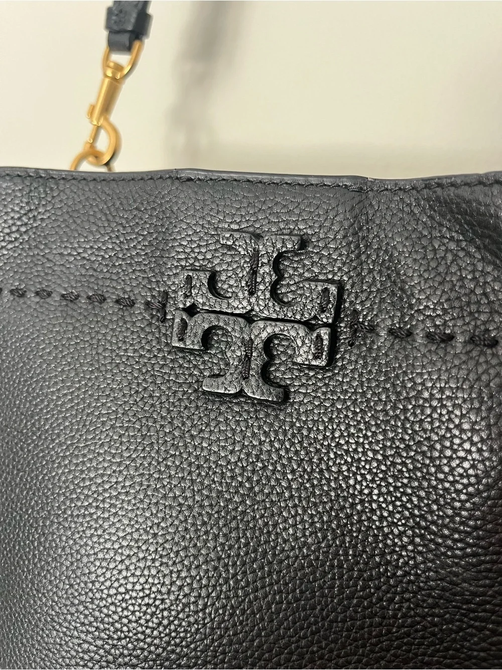 Tory Burch Black Pebbled Leather Shoulder Tote with Gold Hardware